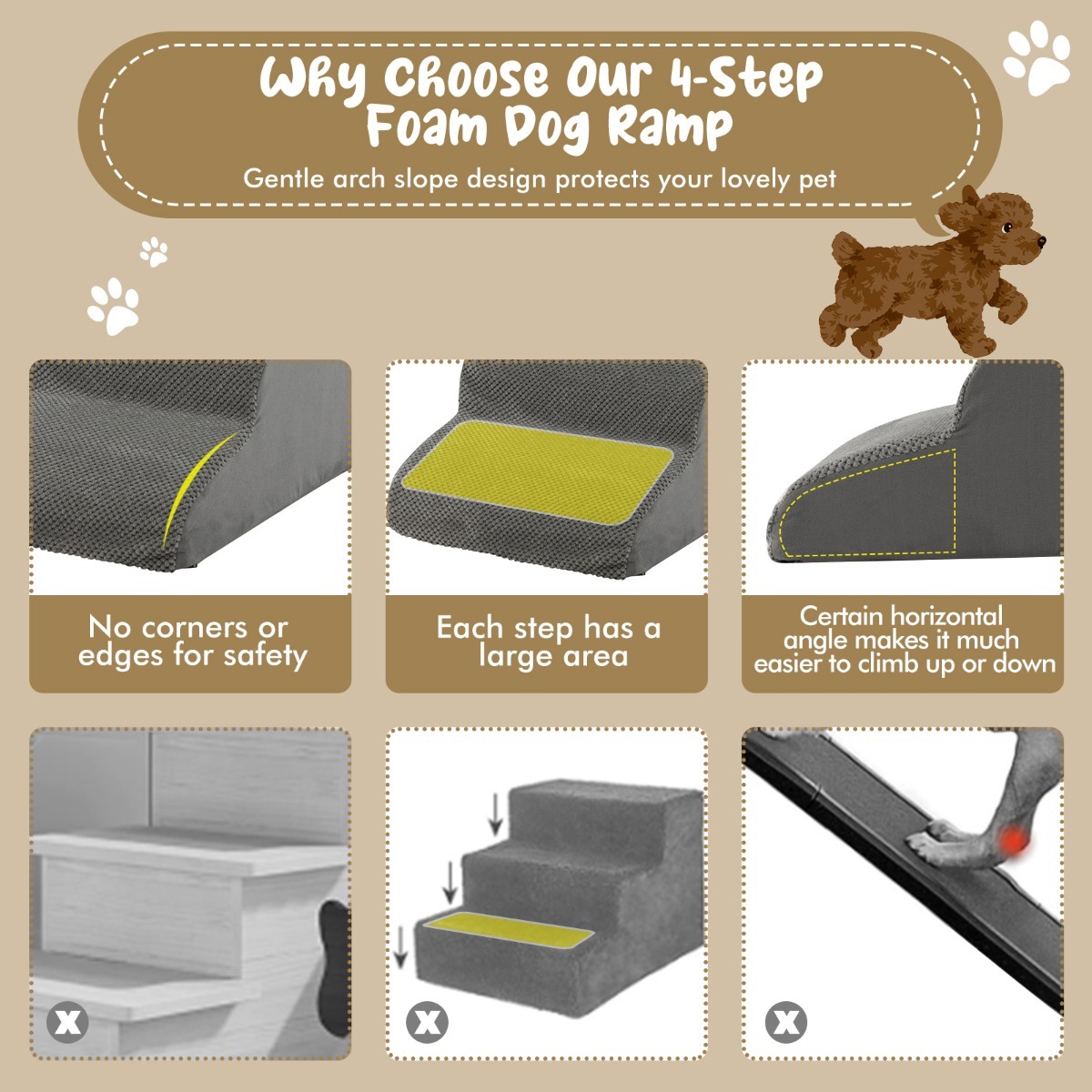 Furfurst 3-Tier Foam Dog Ramp with High-Density Sponge and Silicone Paw Prints