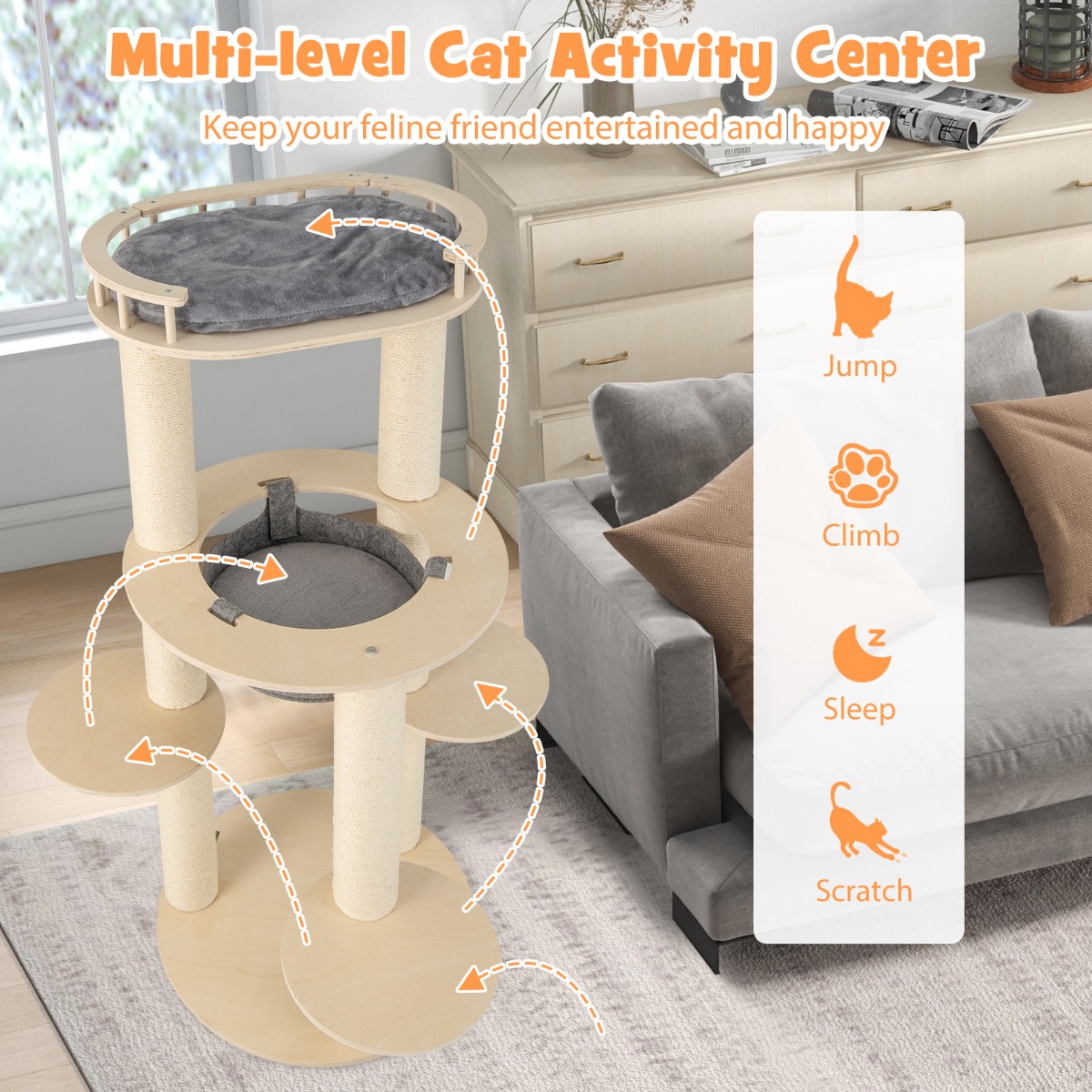 5-level Wooden Cat Tree Modern Cat Tower with Padded Perch