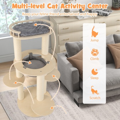 5-level Wooden Cat Tree Modern Cat Tower with Padded Perch