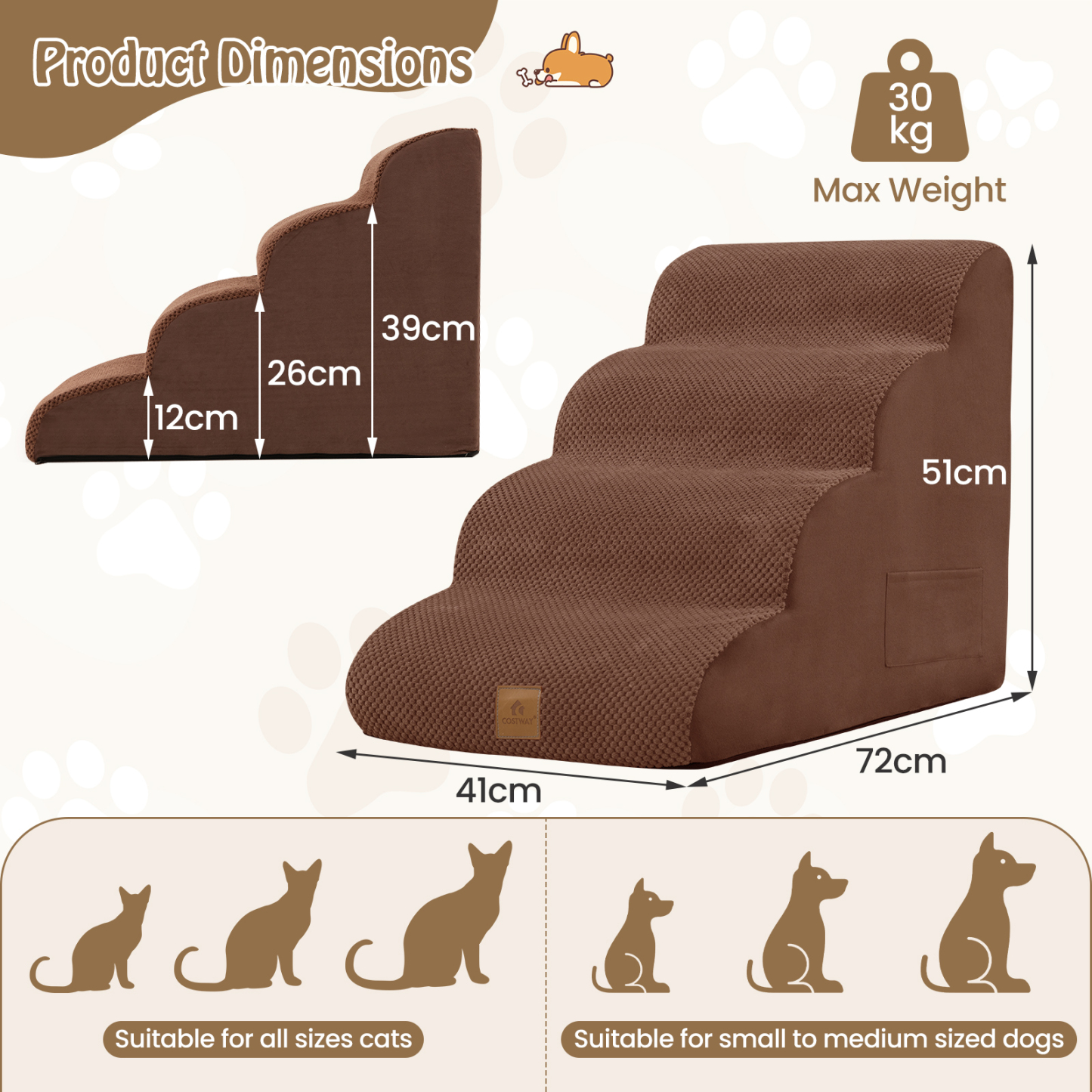 Furfurst 4-Tier 51 cm High Foam Dog Ramp with Gentle Slope Surface