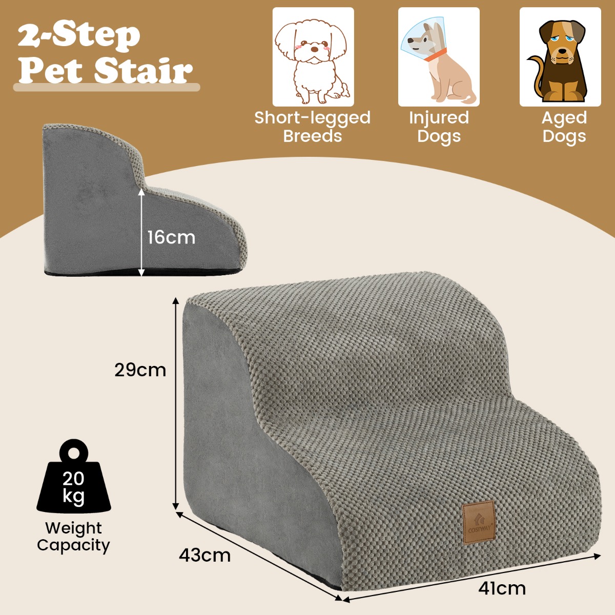 2-Tier High-Density Foam Dog Ramp Pet Stairs with Washable Cover