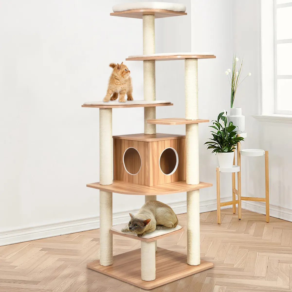 179 CM Tall 7-Layer Wooden Cat Tree with Sisal Scratching Posts