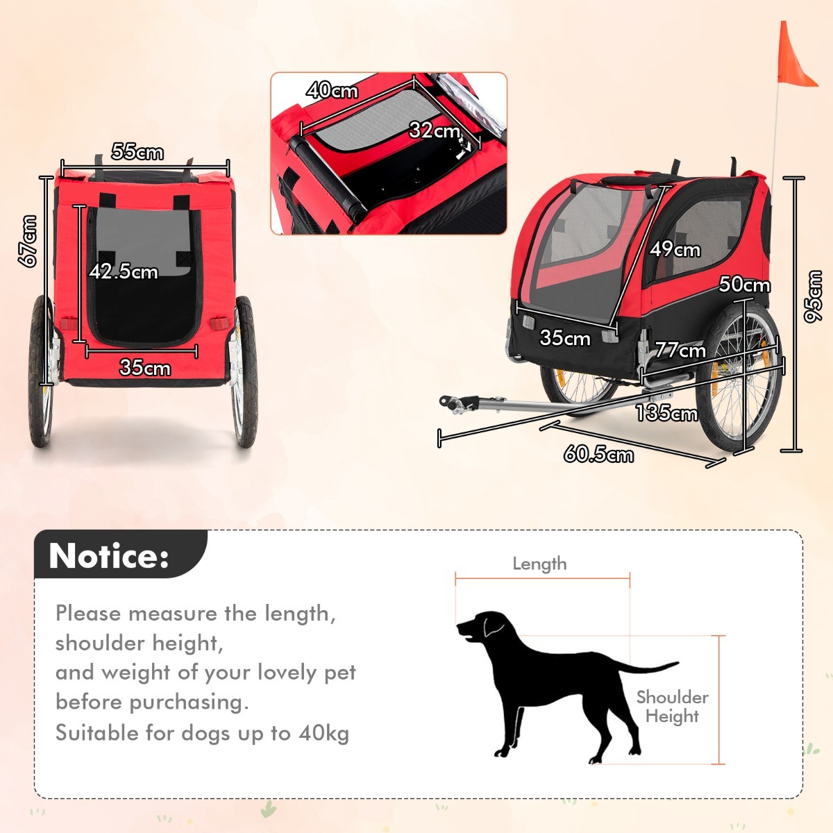 Furfurst Folding Pet Bike Trailer with 3 Zippered Doors and 8 Reflectors