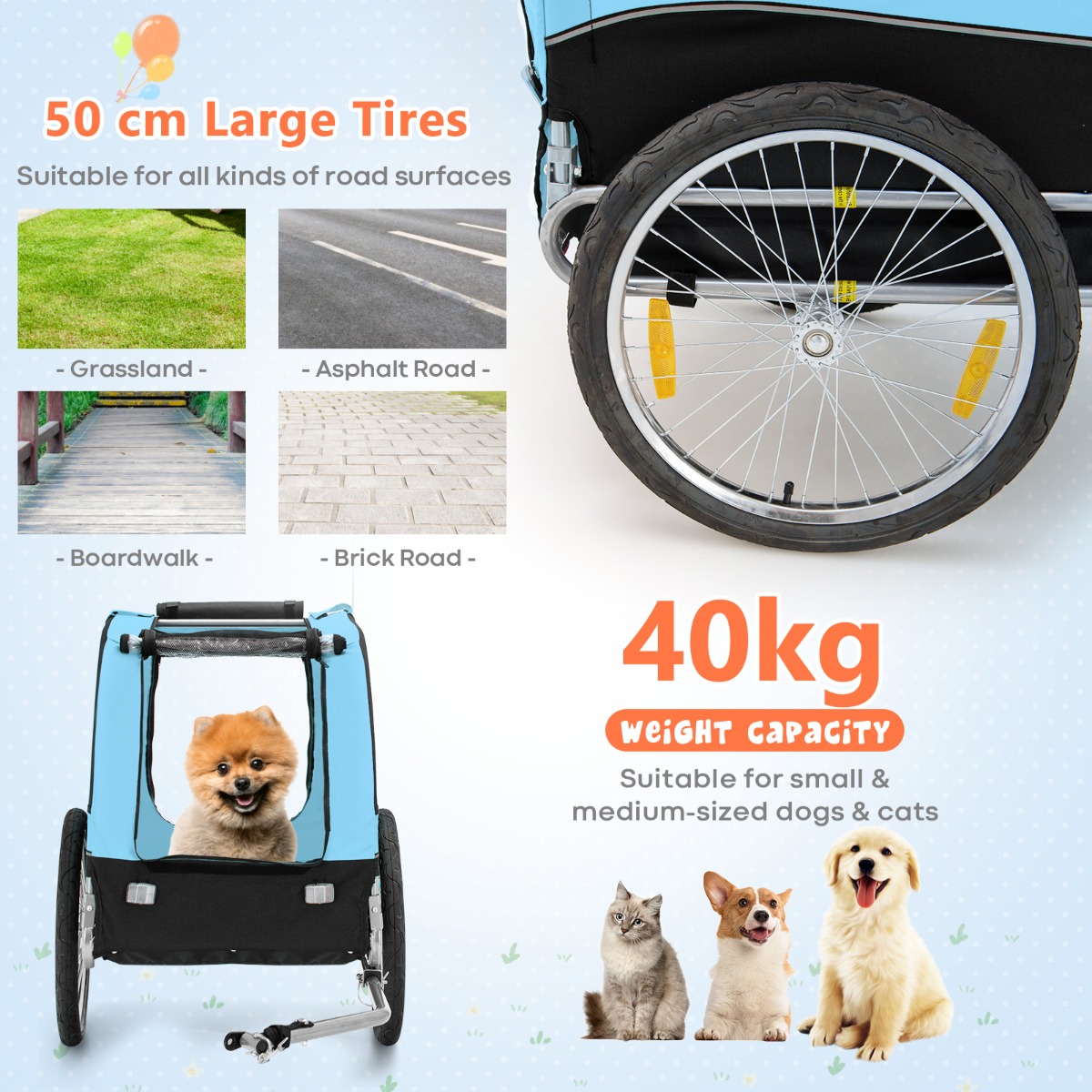 Furfurst Folding Pet Bike Trailer with 3 Zippered Doors and 8 Reflectors