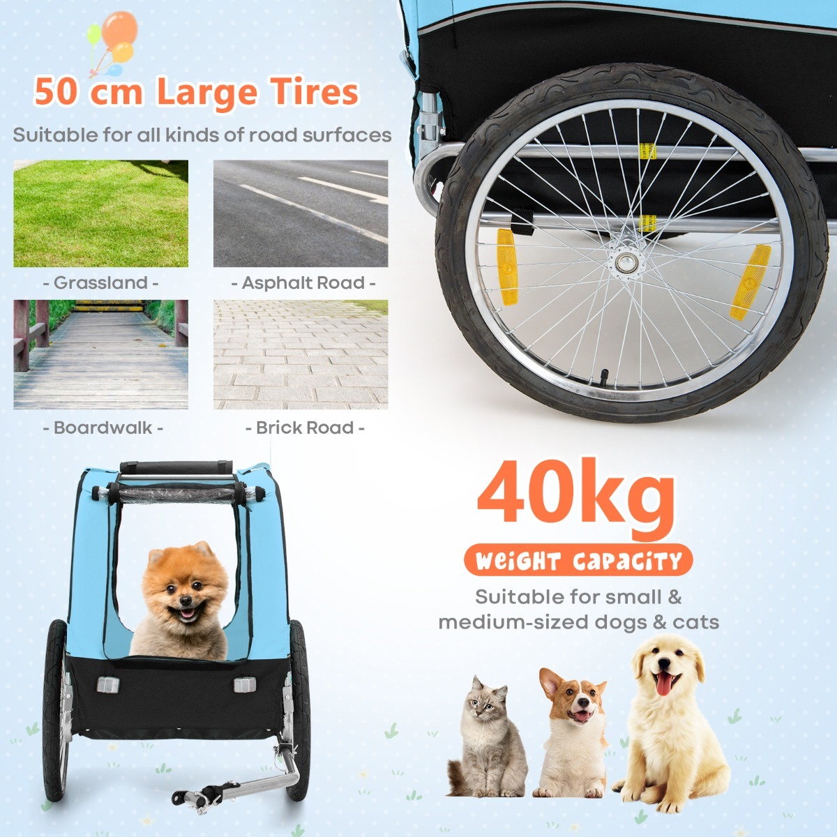 Furfurst Folding Pet Bike Trailer with 3 Zippered Doors and 8 Reflectors