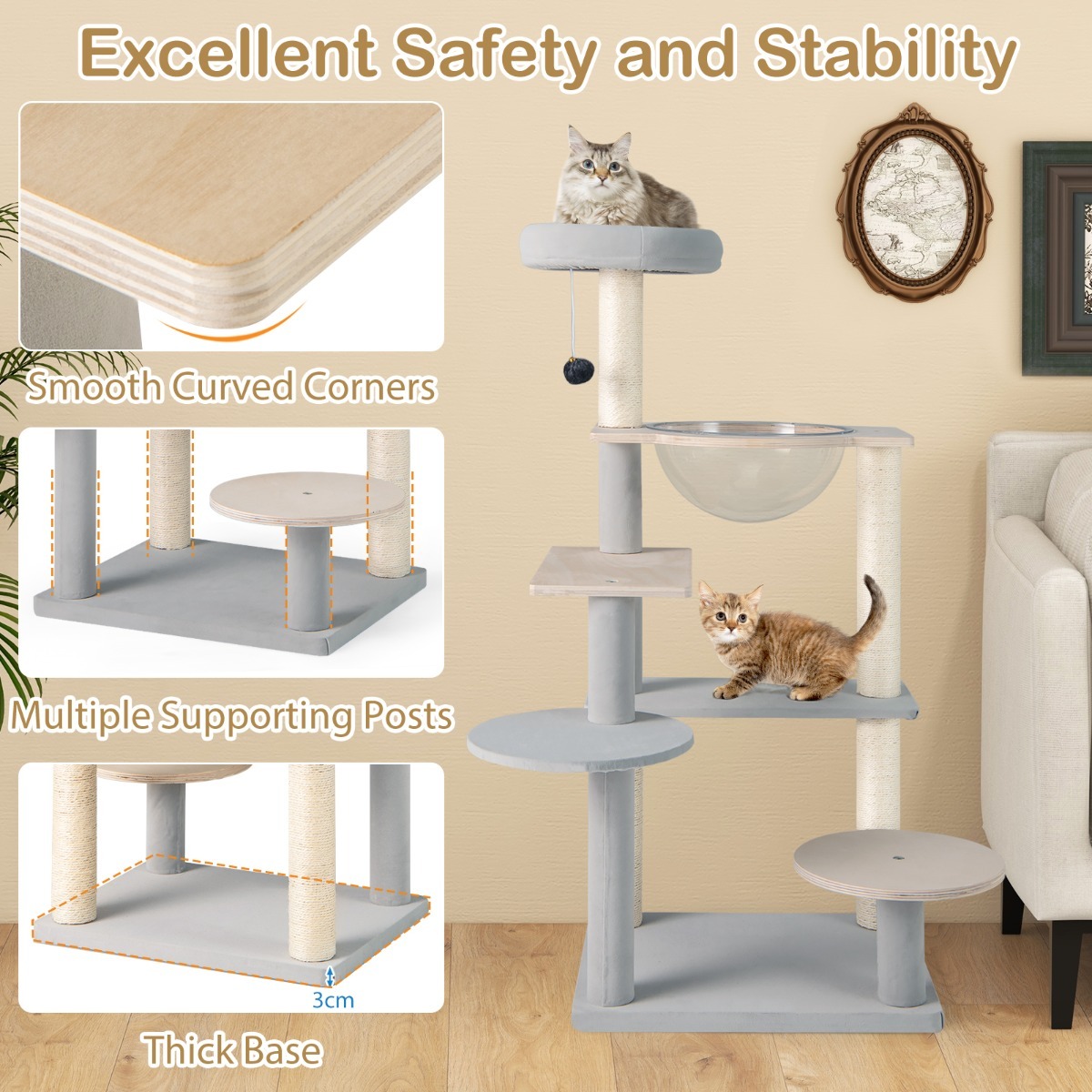 Furfurst Multi-level Modern Cat Tree with Removable Padded Top Perch