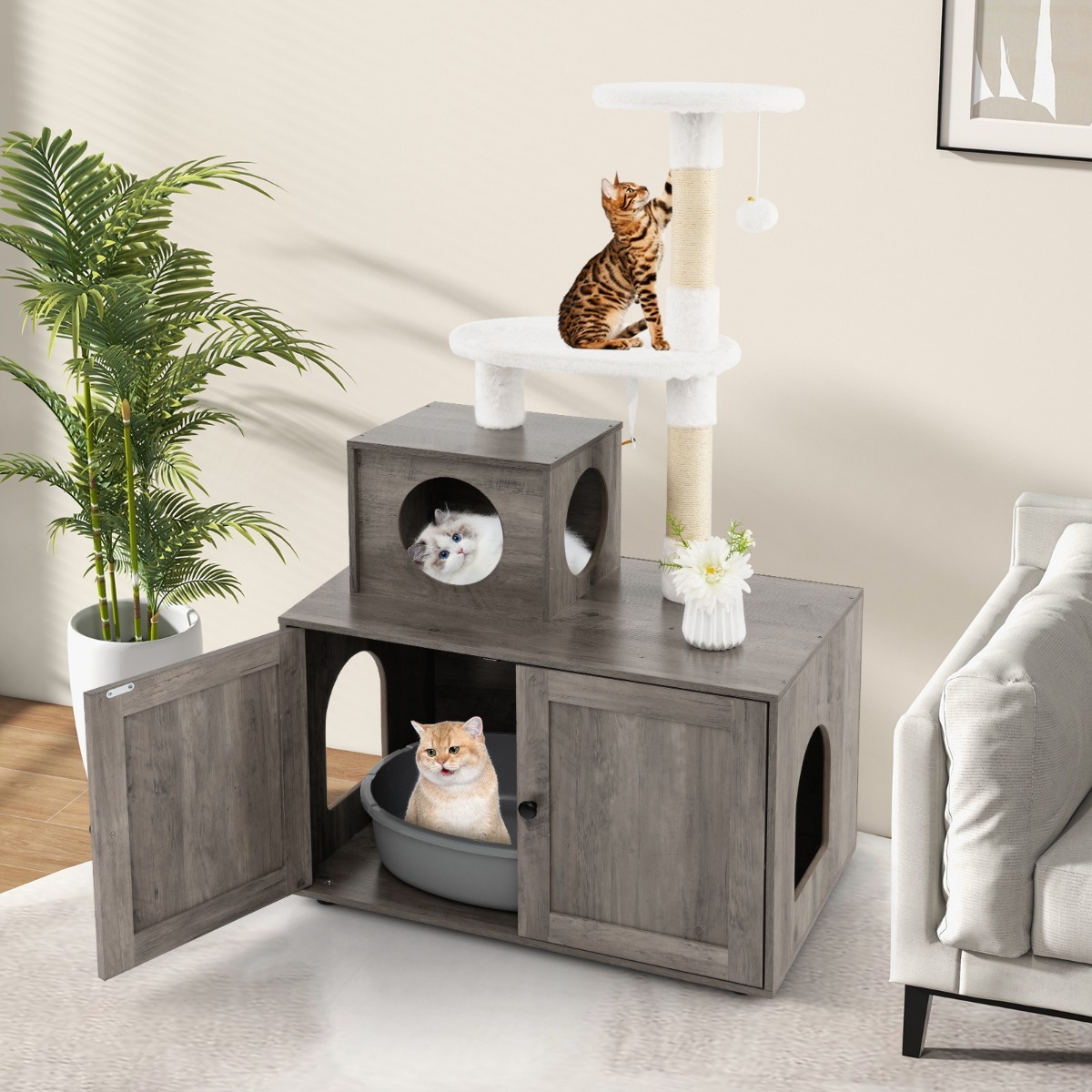 Furfurst 2-in-1 Cat Tree with Litter Box Enclosure & Sisal Scratching Posts