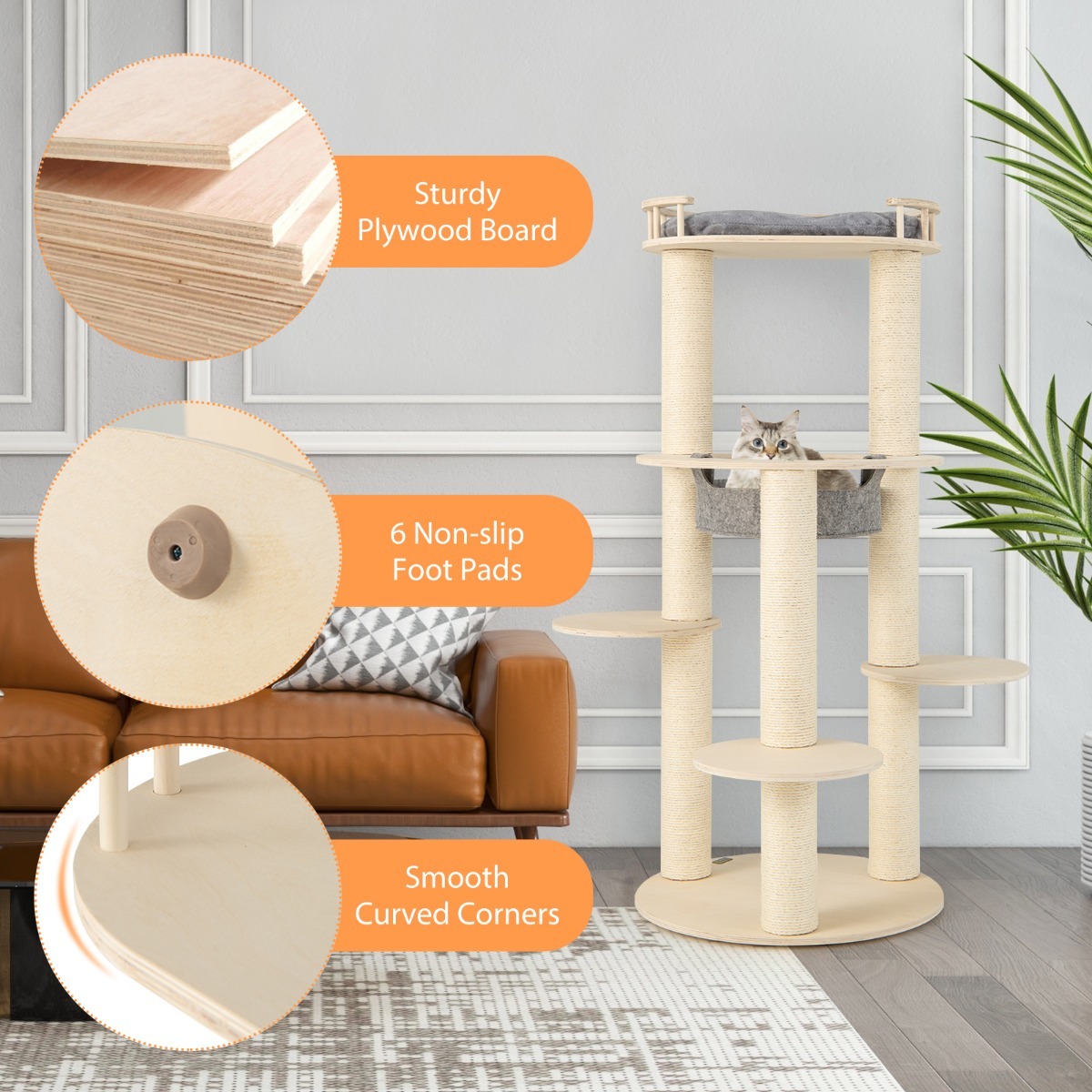 5-level Wooden Cat Tree Modern Cat Tower with Padded Perch