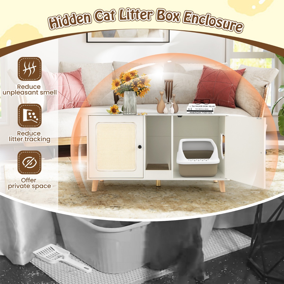 Furfurst Cat Litter Box Enclosure for 2 Cats with Rooms and Sisal Scratching Mats