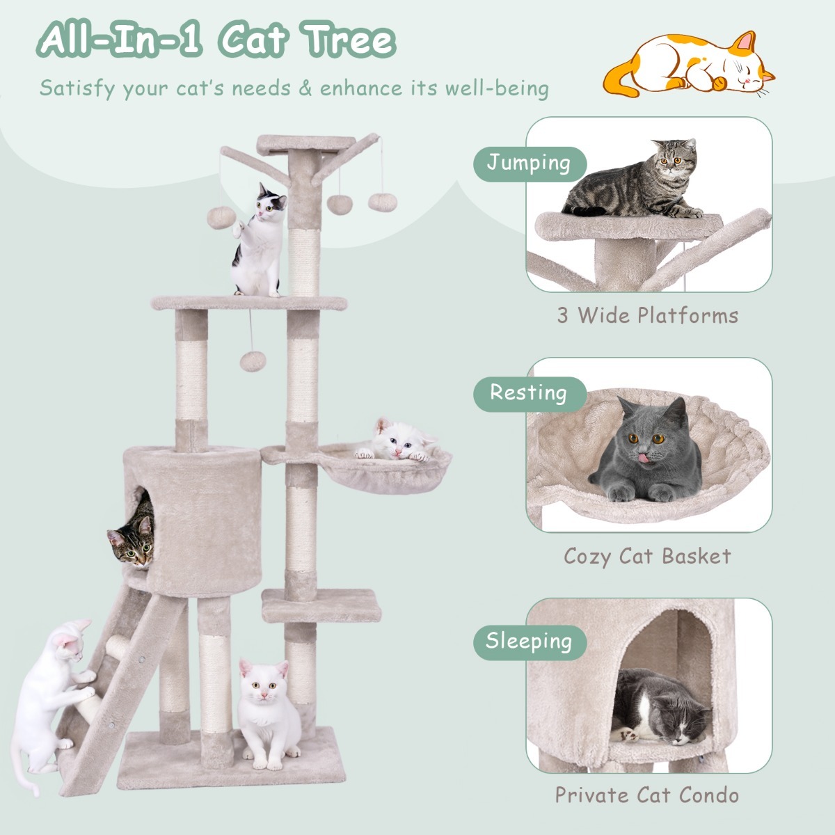 140 CM Cat Tree Kitten Tower with Scratching Post and Ladder