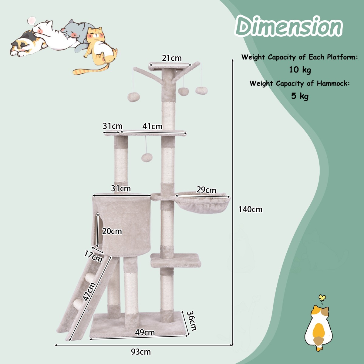 140 CM Cat Tree Kitten Tower with Scratching Post and Ladder