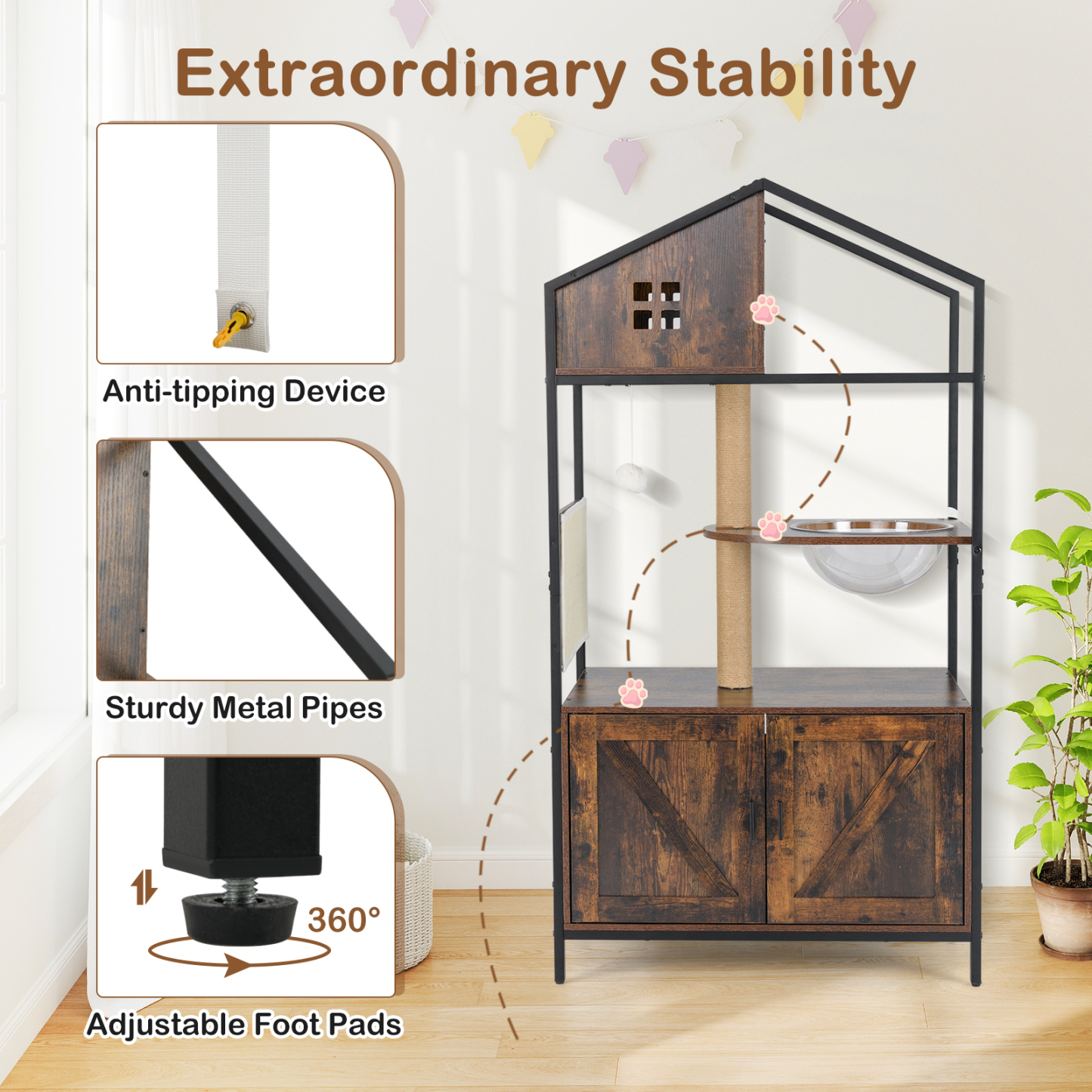 Furfurst Industrial Cat Tower with Hidden Washroom & Litter Box Enclosure