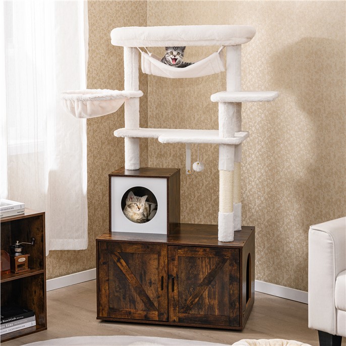 Furfurst Cat Tree with Litter Box Enclosure Hidden Washroom