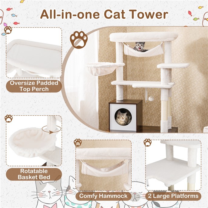 Furfurst Cat Tree with Litter Box Enclosure Hidden Washroom