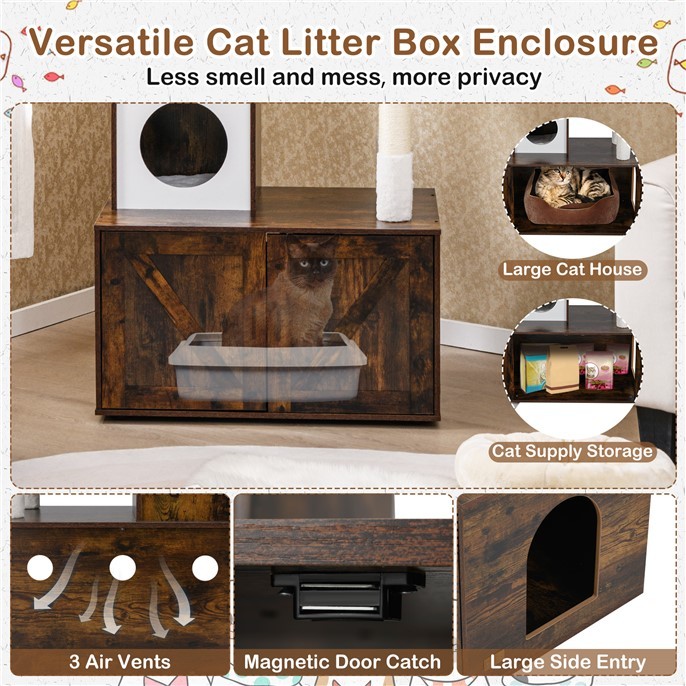 Furfurst Cat Tree with Litter Box Enclosure Hidden Washroom