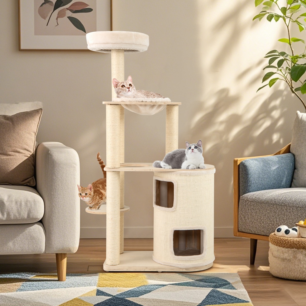 Furfurst Wooden Cat Tower with Sisal Scratching Posts and Washable Plush Cushion
