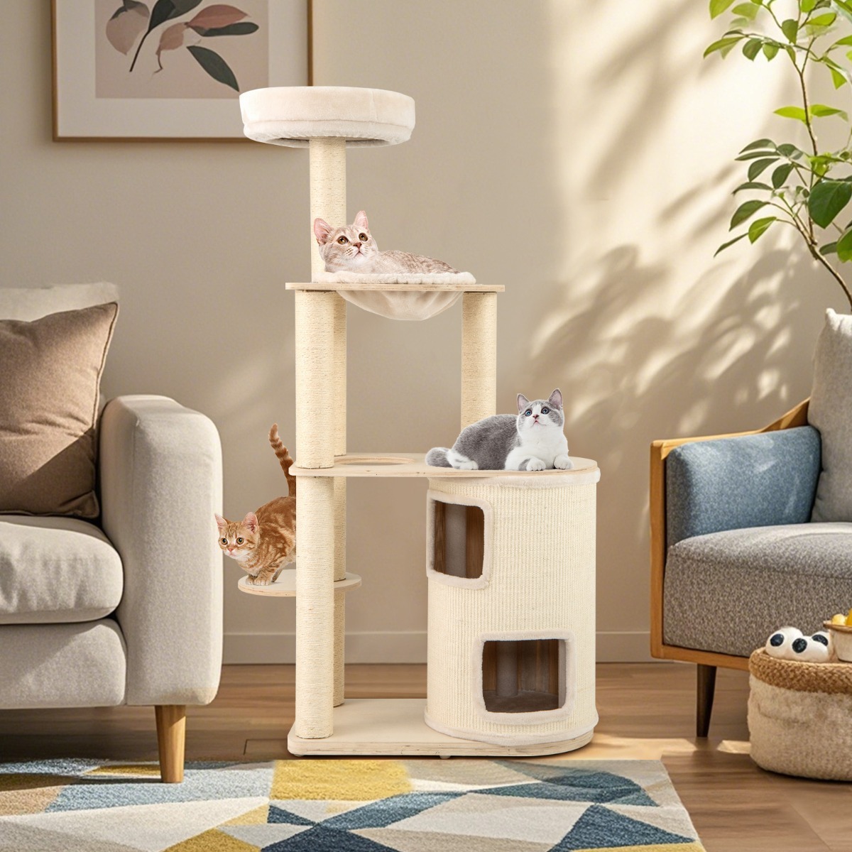 Furfurst Wooden Cat Tower with Sisal Scratching Posts and Washable Plush Cushion