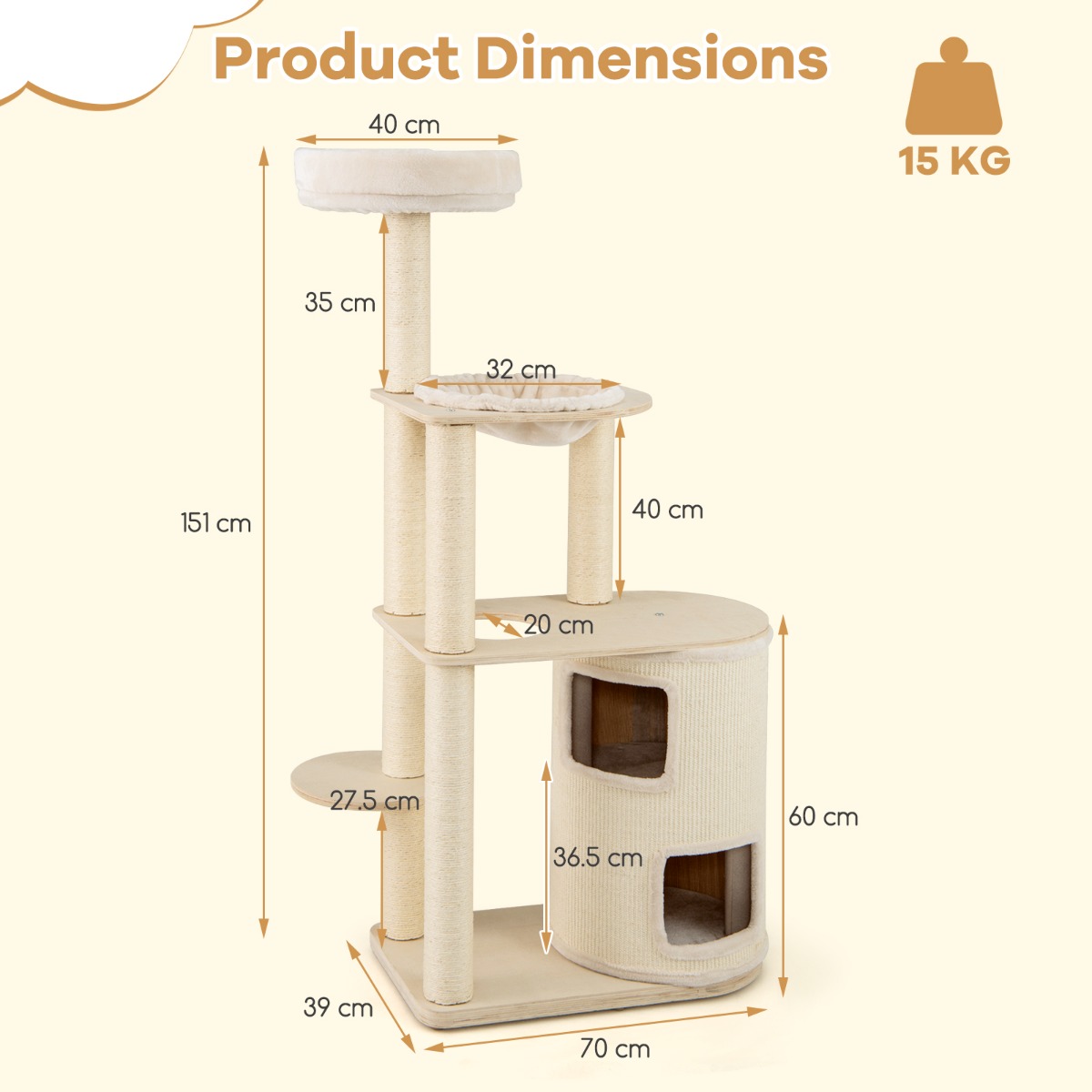 Furfurst Wooden Cat Tower with Sisal Scratching Posts and Washable Plush Cushion