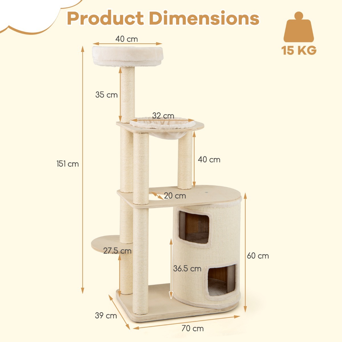 Furfurst Wooden Cat Tower with Sisal Scratching Posts and Washable Plush Cushion