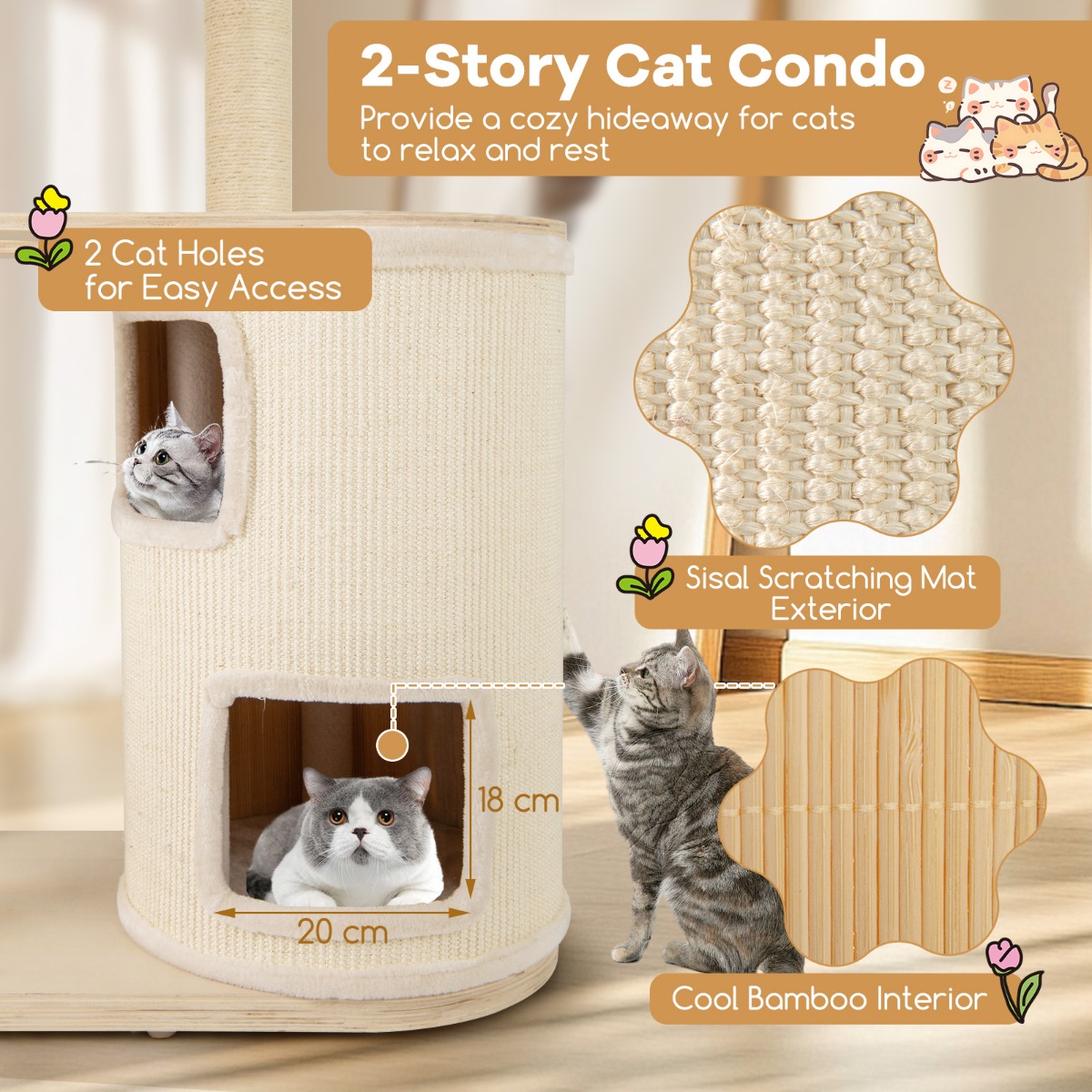 Furfurst Wooden Cat Tower with Sisal Scratching Posts and Washable Plush Cushion