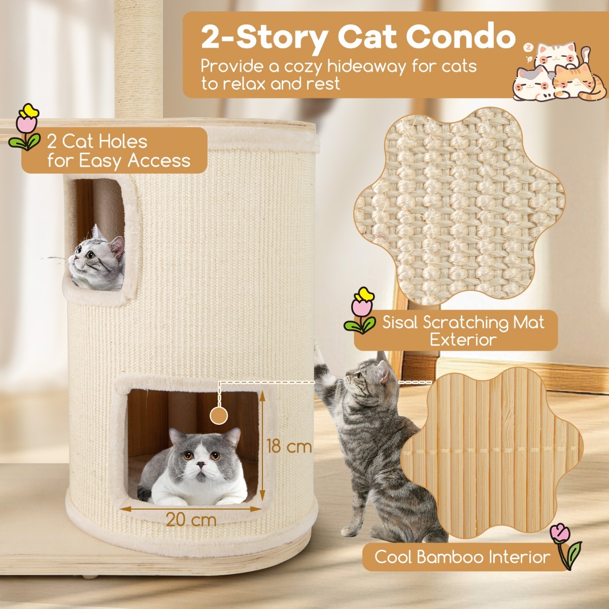 Furfurst Wooden Cat Tower with Sisal Scratching Posts and Washable Plush Cushion