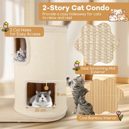 Furfurst Wooden Cat Tower with Sisal Scratching Posts and Washable Plush Cushion