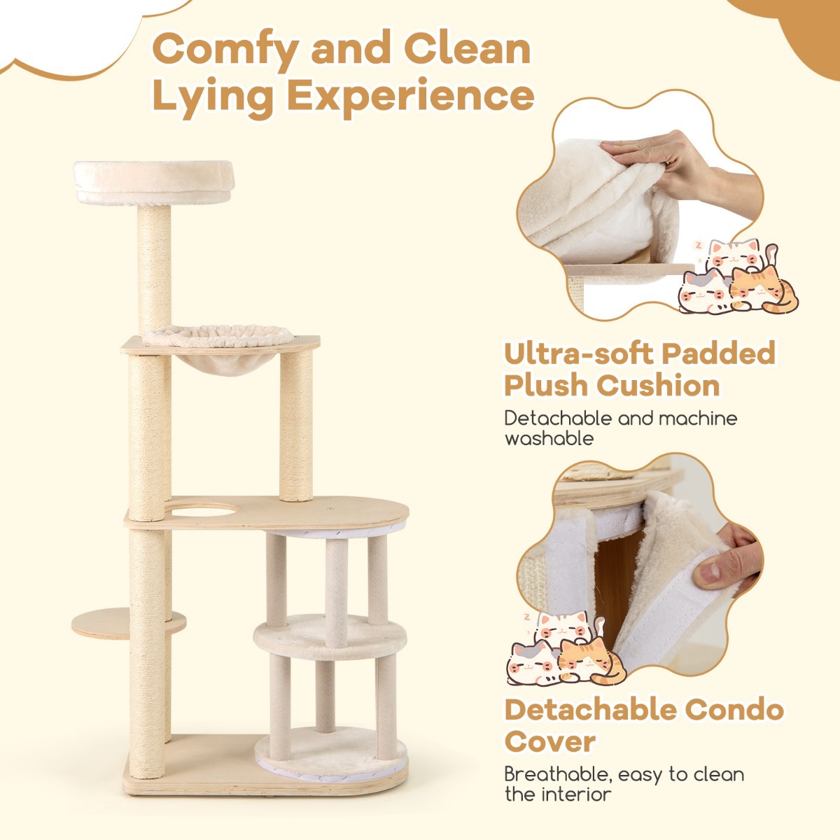 Furfurst Wooden Cat Tower with Sisal Scratching Posts and Washable Plush Cushion