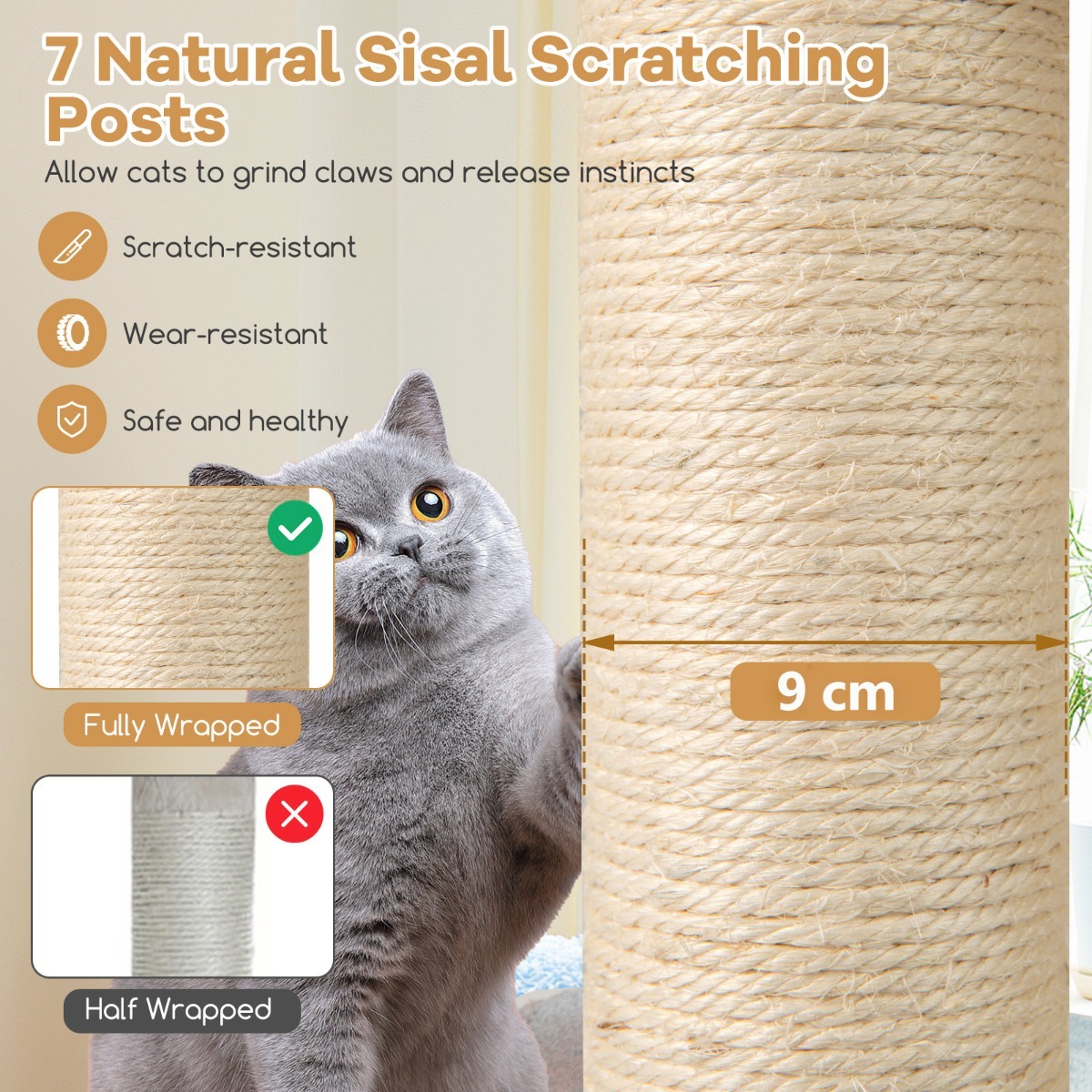 Furfurst Wooden Cat Tower with Sisal Scratching Posts and Washable Plush Cushion