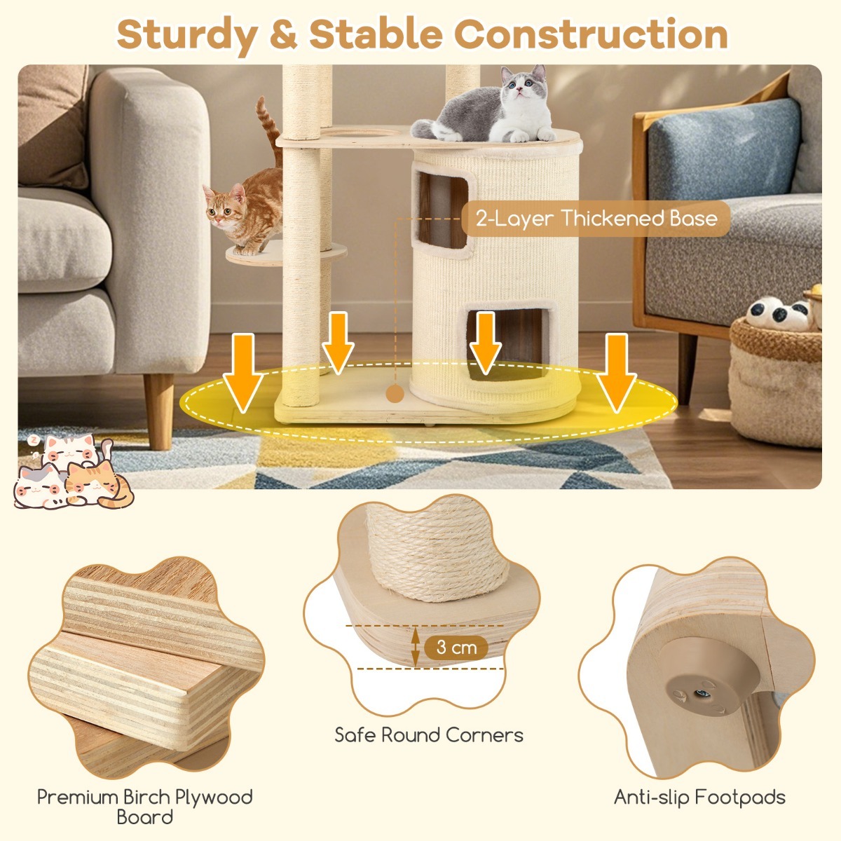 Furfurst Wooden Cat Tower with Sisal Scratching Posts and Washable Plush Cushion
