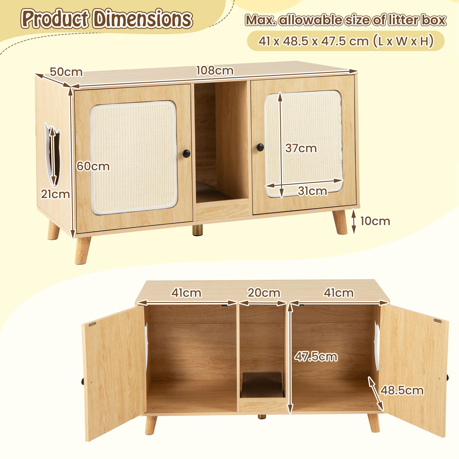 Furfurst Cat Litter Box Enclosure for 2 Cats with Rooms and Sisal Scratching Mats Without Cat Litter Box