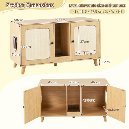 Furfurst Cat Litter Box Enclosure for 2 Cats with Rooms and Sisal Scratching Mats Without Cat Litter Box