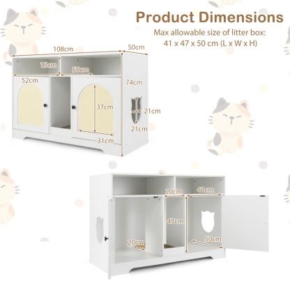Furfurst Cat Litter Box Enclosure with Storage and Double Rooms for 2 Cats