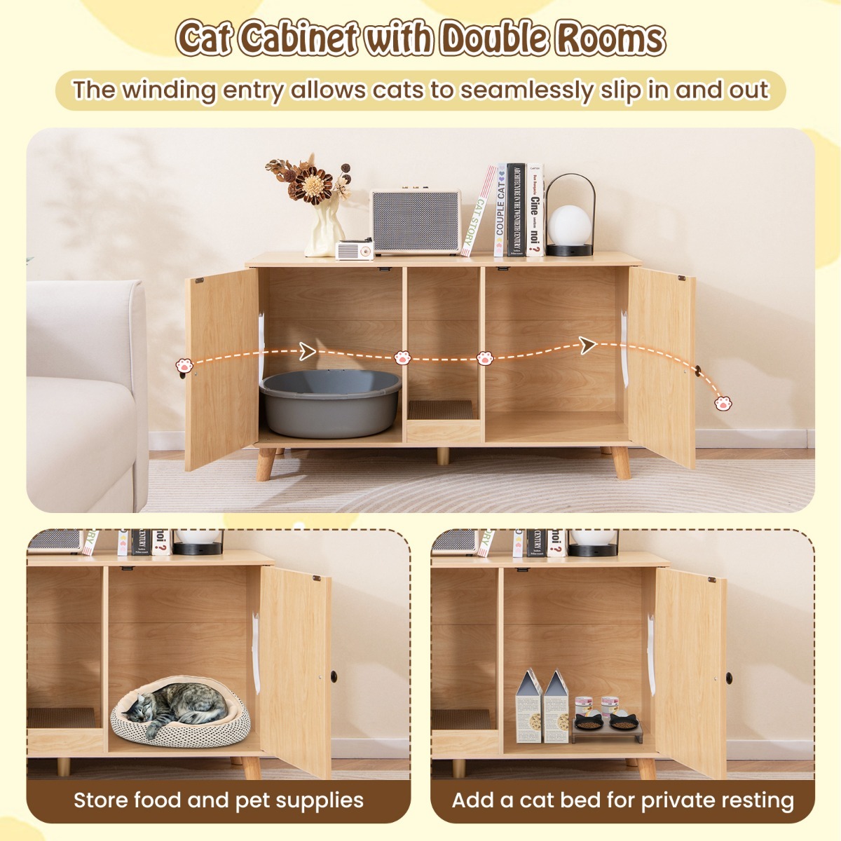 Furfurst Cat Litter Box Enclosure for 2 Cats with Rooms and Sisal Scratching Mats