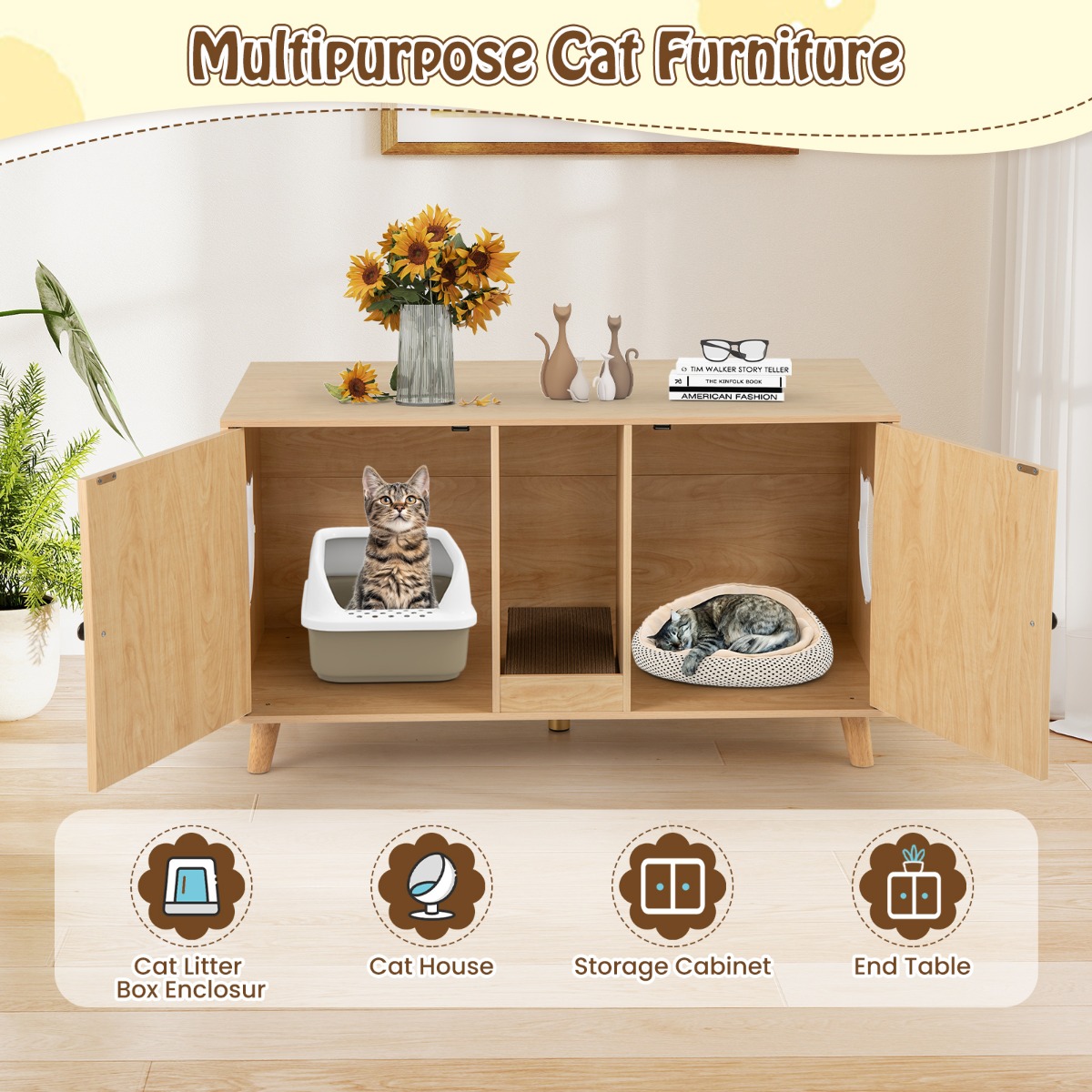 Furfurst Cat Litter Box Enclosure for 2 Cats with Rooms and Sisal Scratching Mats