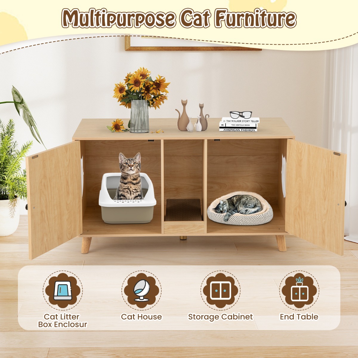 Furfurst Cat Litter Box Enclosure for 2 Cats with Rooms and Sisal Scratching Mats