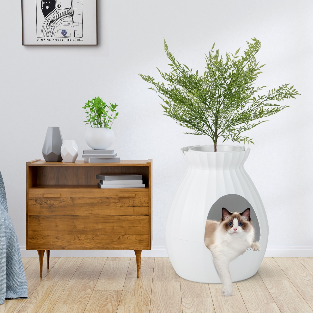 Hidden Cat Litter Box Furniture with Faux Plant for Pet