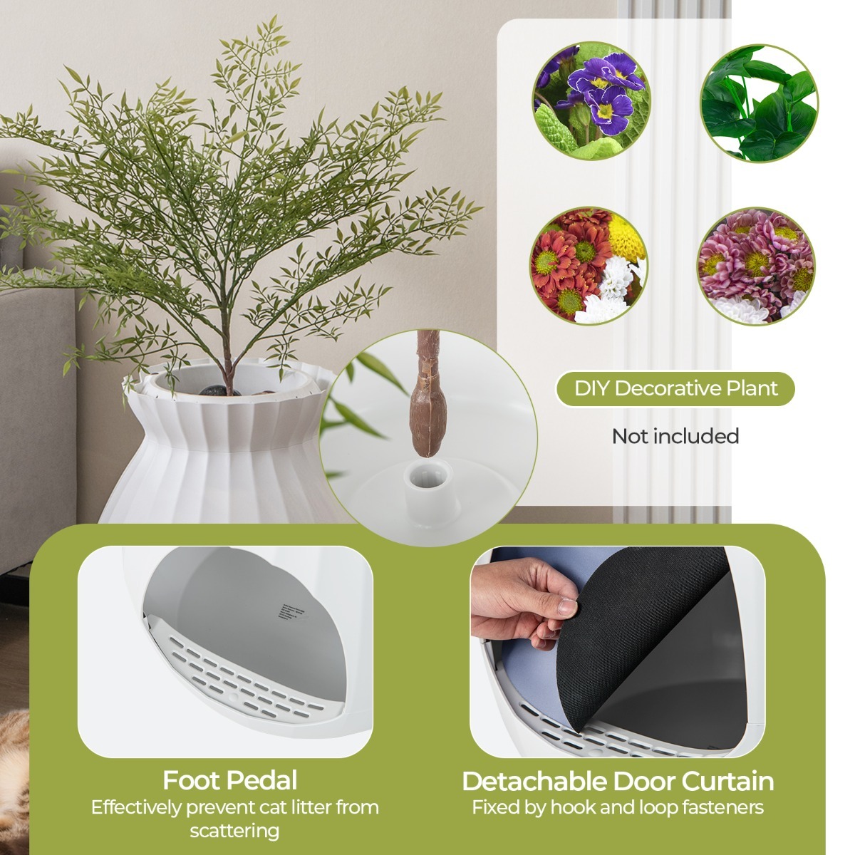Hidden Cat Litter Box Furniture with Faux Plant for Pet