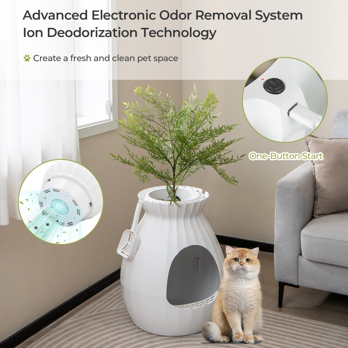 Hidden Cat Litter Box Furniture with Faux Plant for Pet