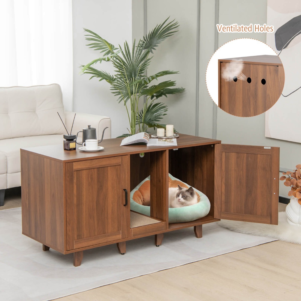 Cat Litter Box Enclosure TV Stand with Scratching Board