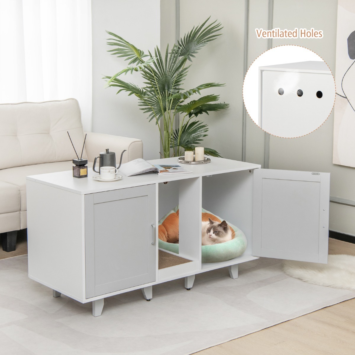 Cat Litter Box Enclosure TV Stand with Scratching Board