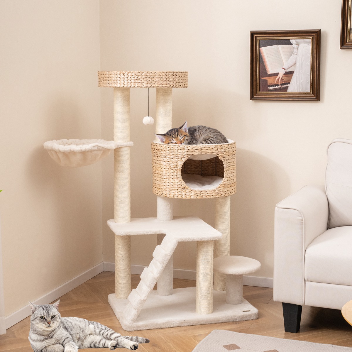 Cat Tree with Hanging Basket and Ladder for Indoor Cats