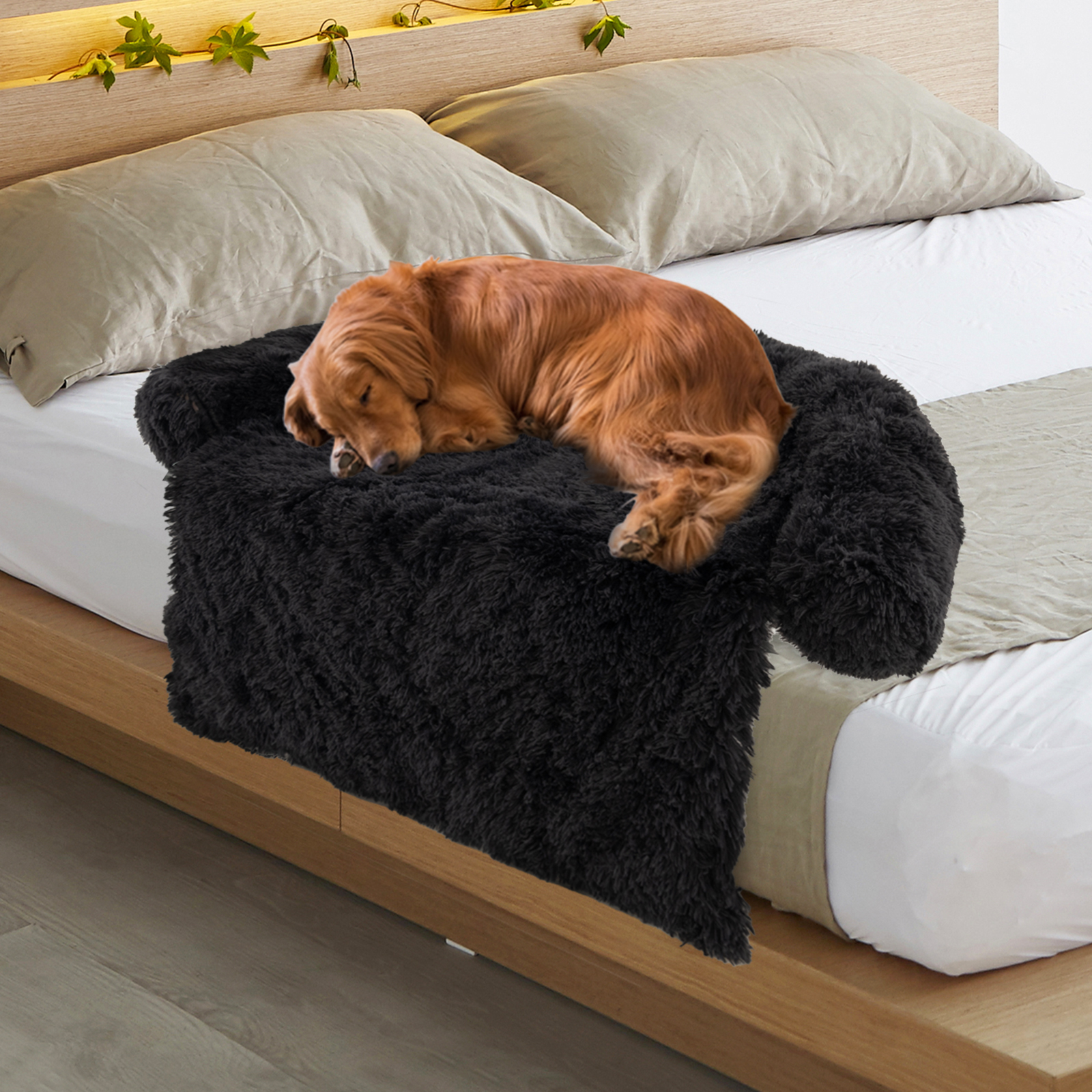Furfurst Black Plush Calming Dog Couch Bed with Anti-Slip Bottom