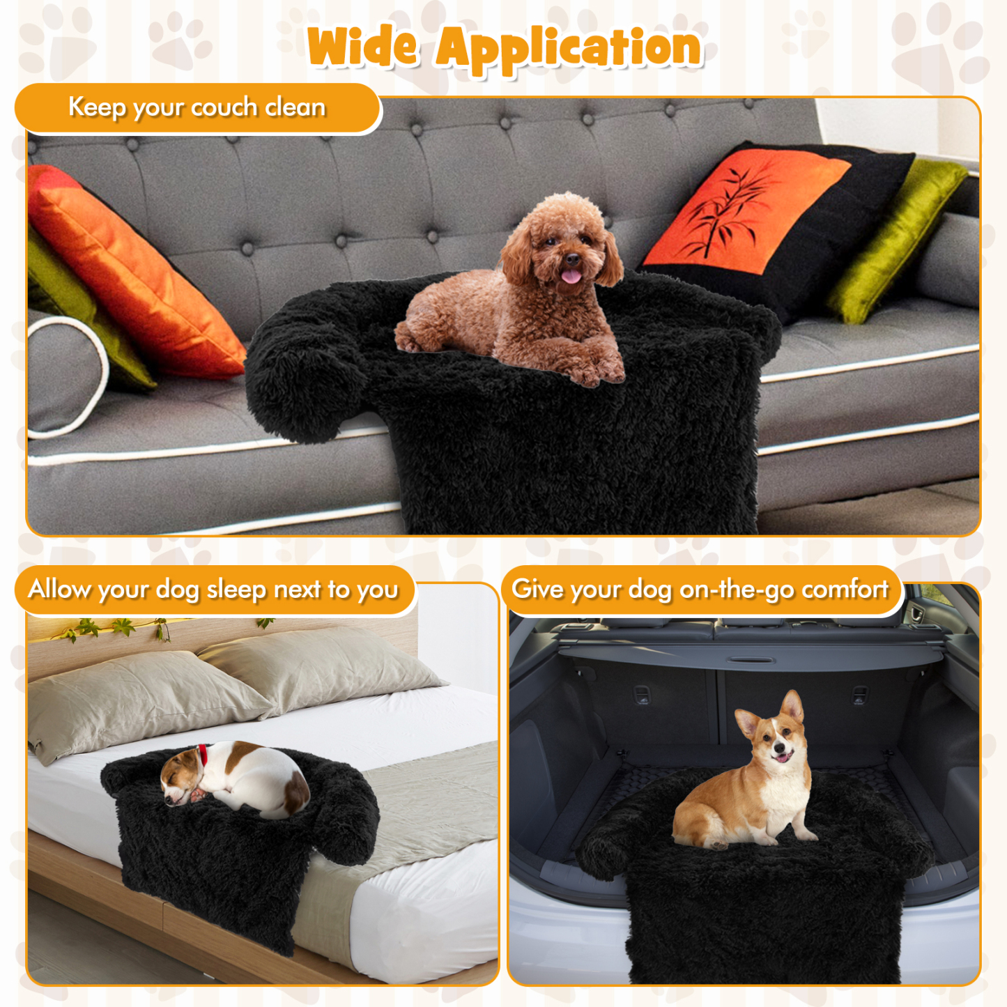 Furfurst Black Plush Calming Dog Couch Bed with Anti-Slip Bottom