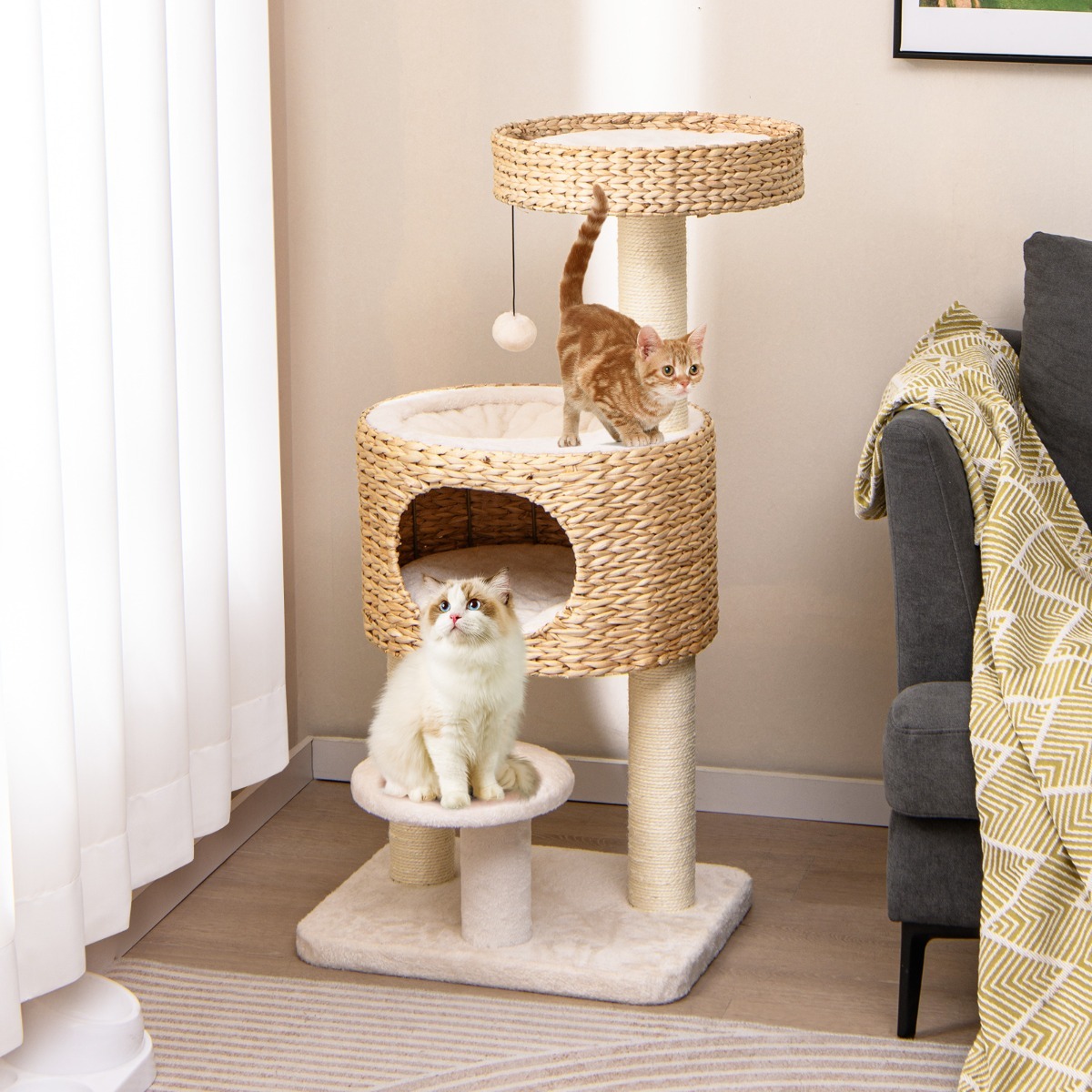 Modern Cat Tower with Hanging Toy and Anti-tipping Device