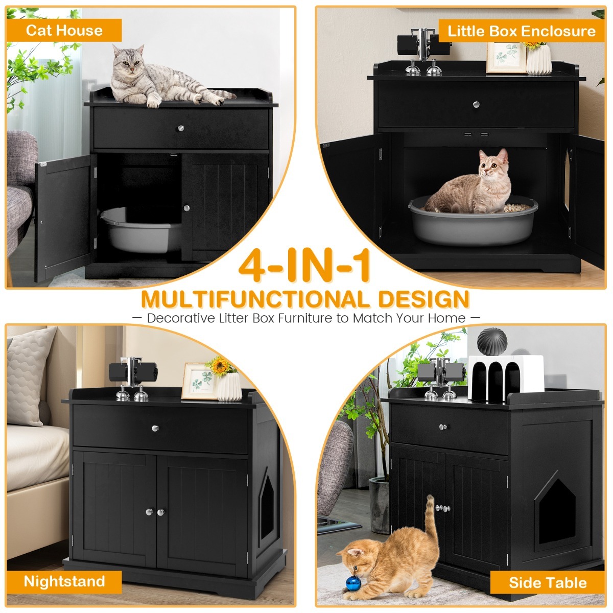 Modern Cat Litter Box Enclosure with Drawer & 2 Doors