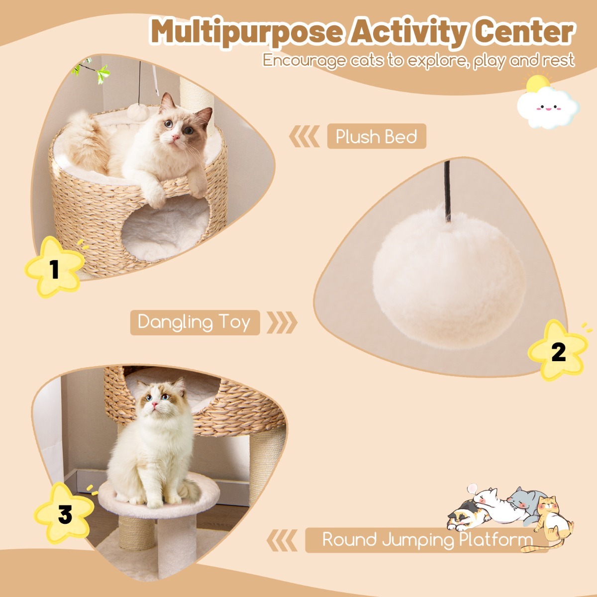 Modern Cat Tower with Hanging Toy and Anti-tipping Device