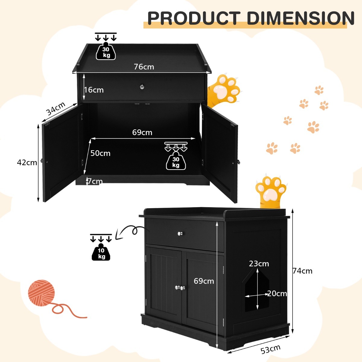Modern Cat Litter Box Enclosure with Drawer & 2 Doors