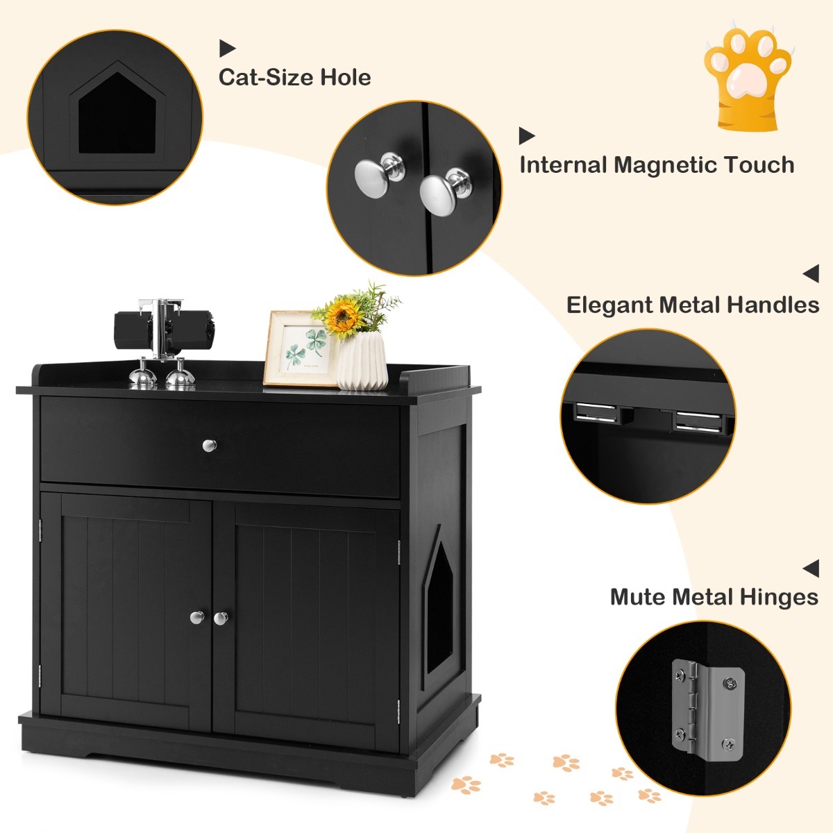 Modern Cat Litter Box Enclosure with Drawer & 2 Doors