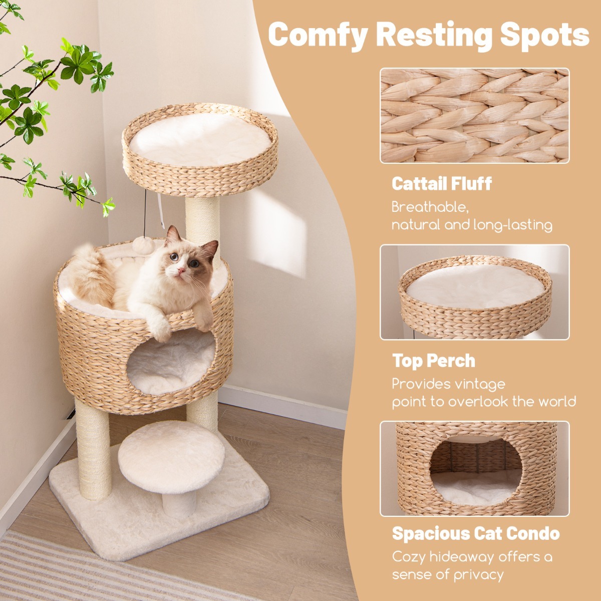 Modern Cat Tower with Hanging Toy and Anti-tipping Device