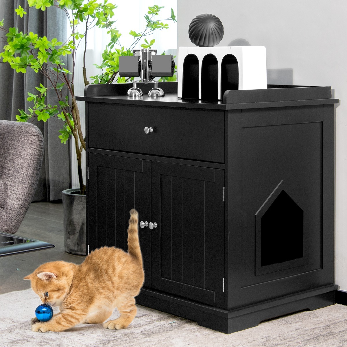 Modern Cat Litter Box Enclosure with Drawer & 2 Doors